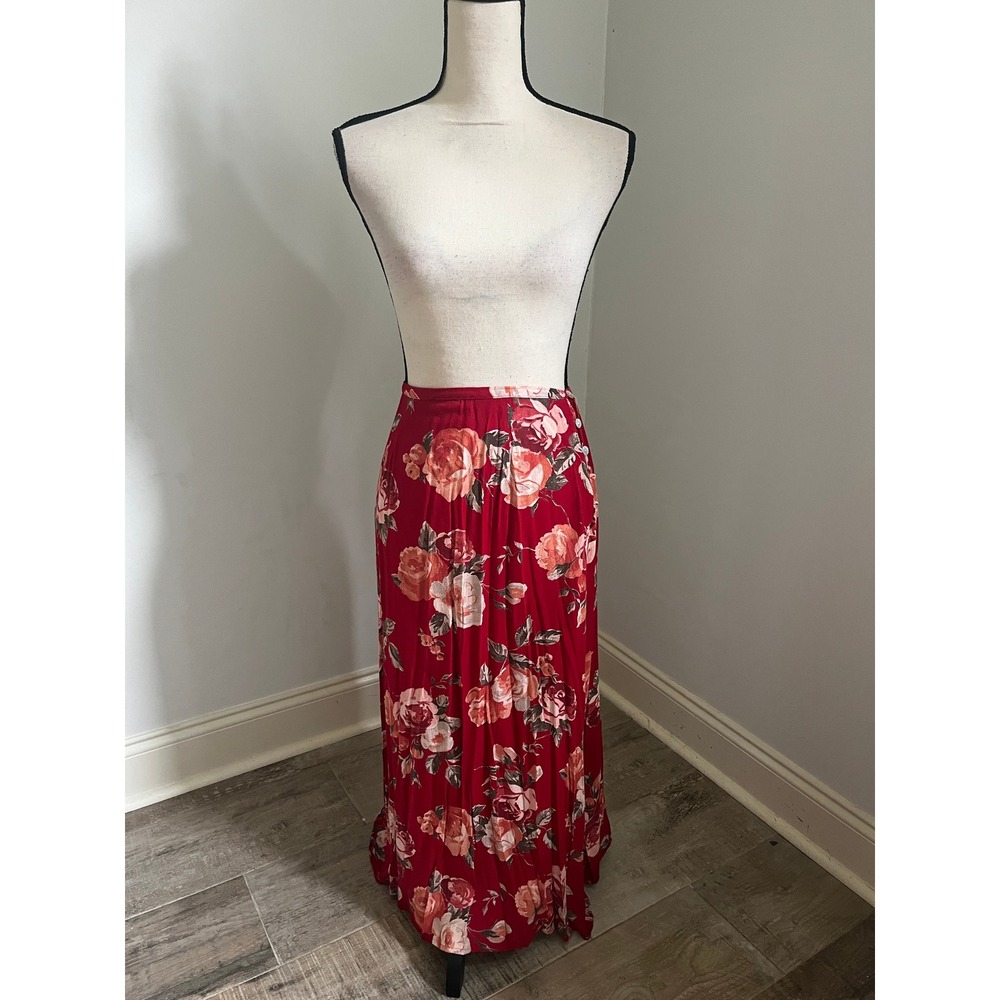 Vintage Red Floral Maxi Skirt sz Small 25 Coastal Chic Resort 80s Boho Romantic - Picture 9 of 10